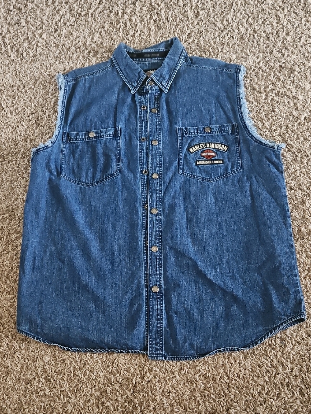 Harley-Davidson Blue Denim Sleeveless Button-Up Shirt with Patch